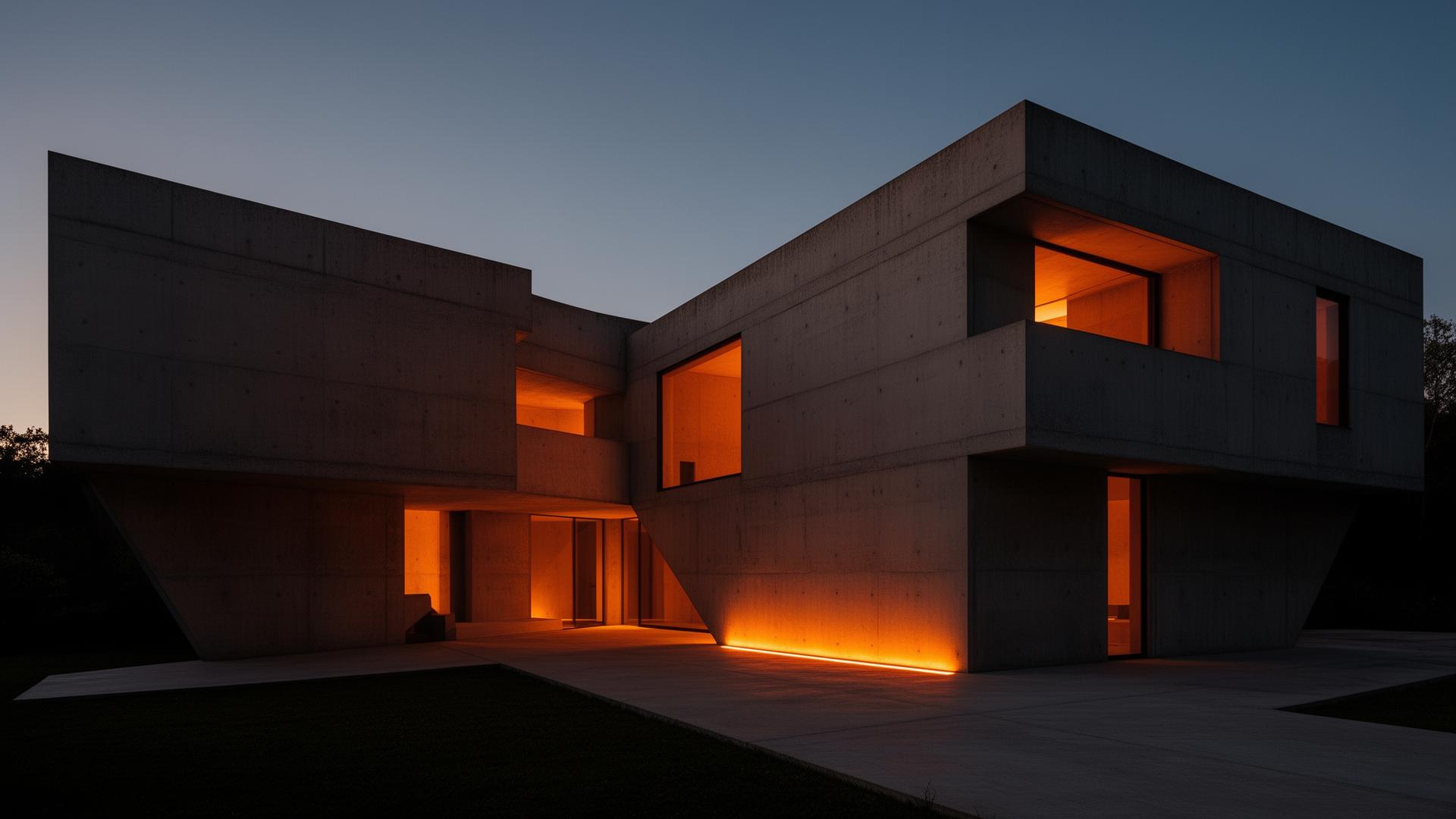 Brutalist concrete villa at dusk
